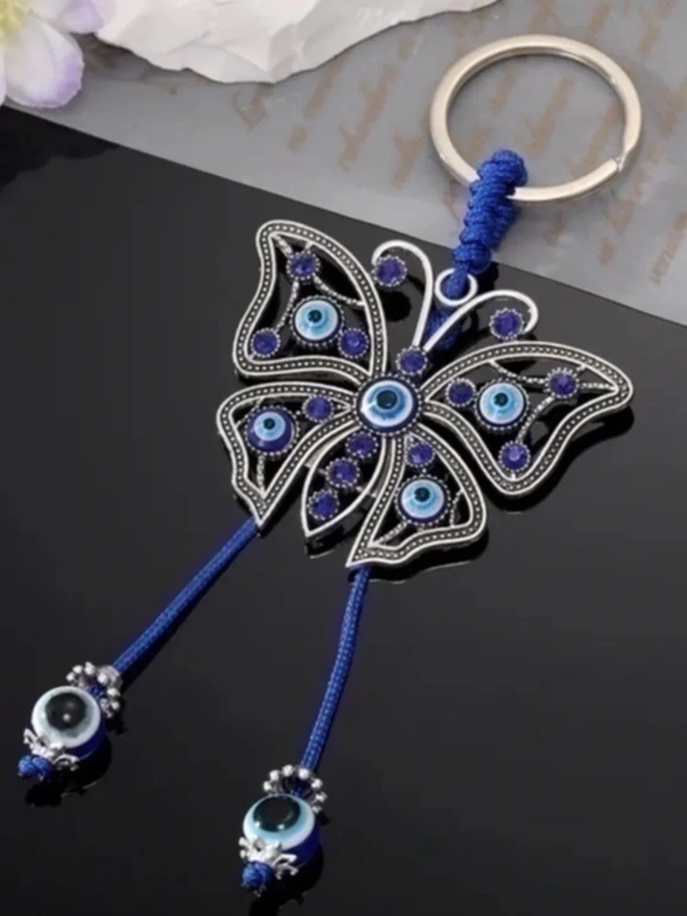 NEW Butterfly Blue & Silver Rope Good Luck Charm Bead Tassel Evil Eye Keychain